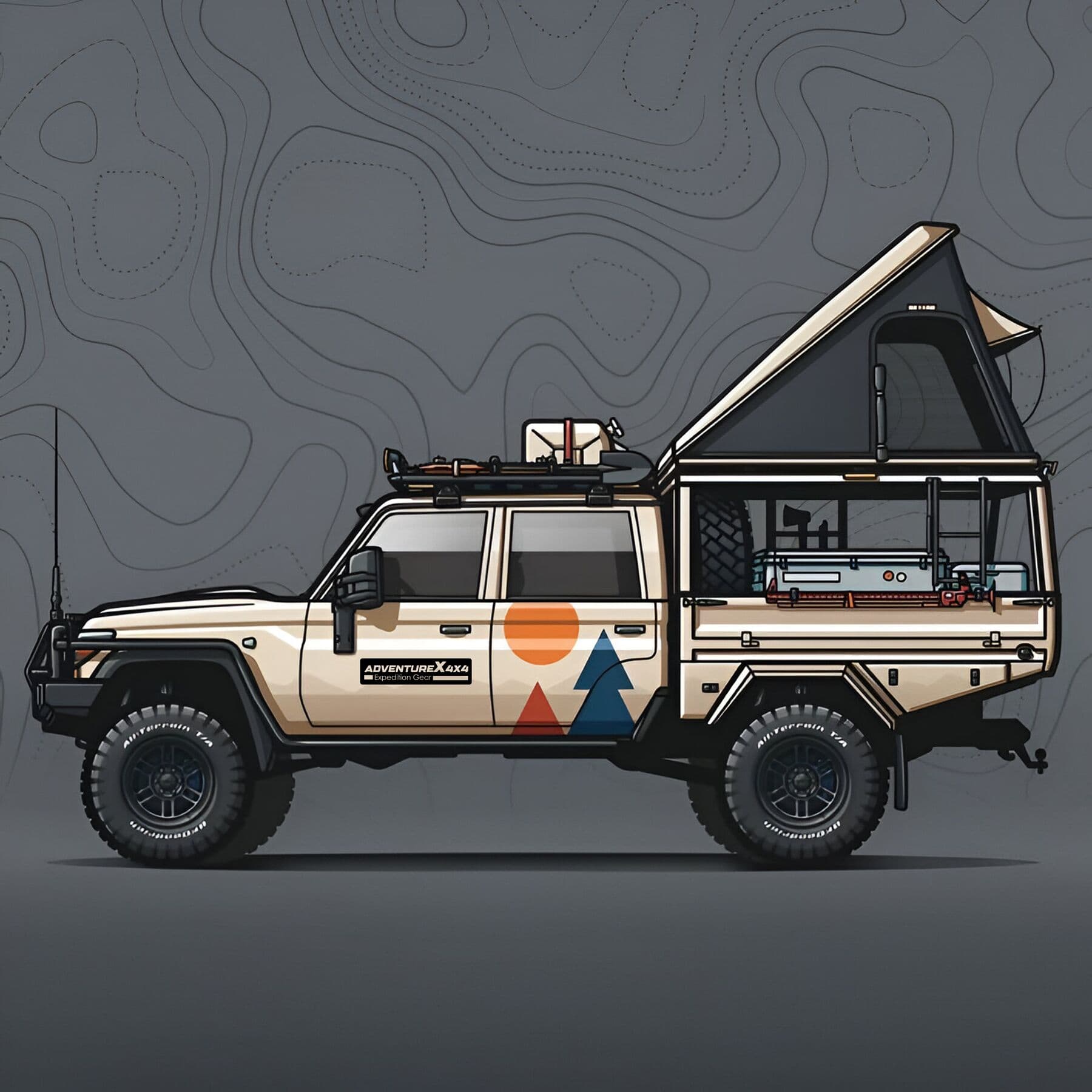 AdventureX4x4 Land Cruiser overland illustration on a topographic map