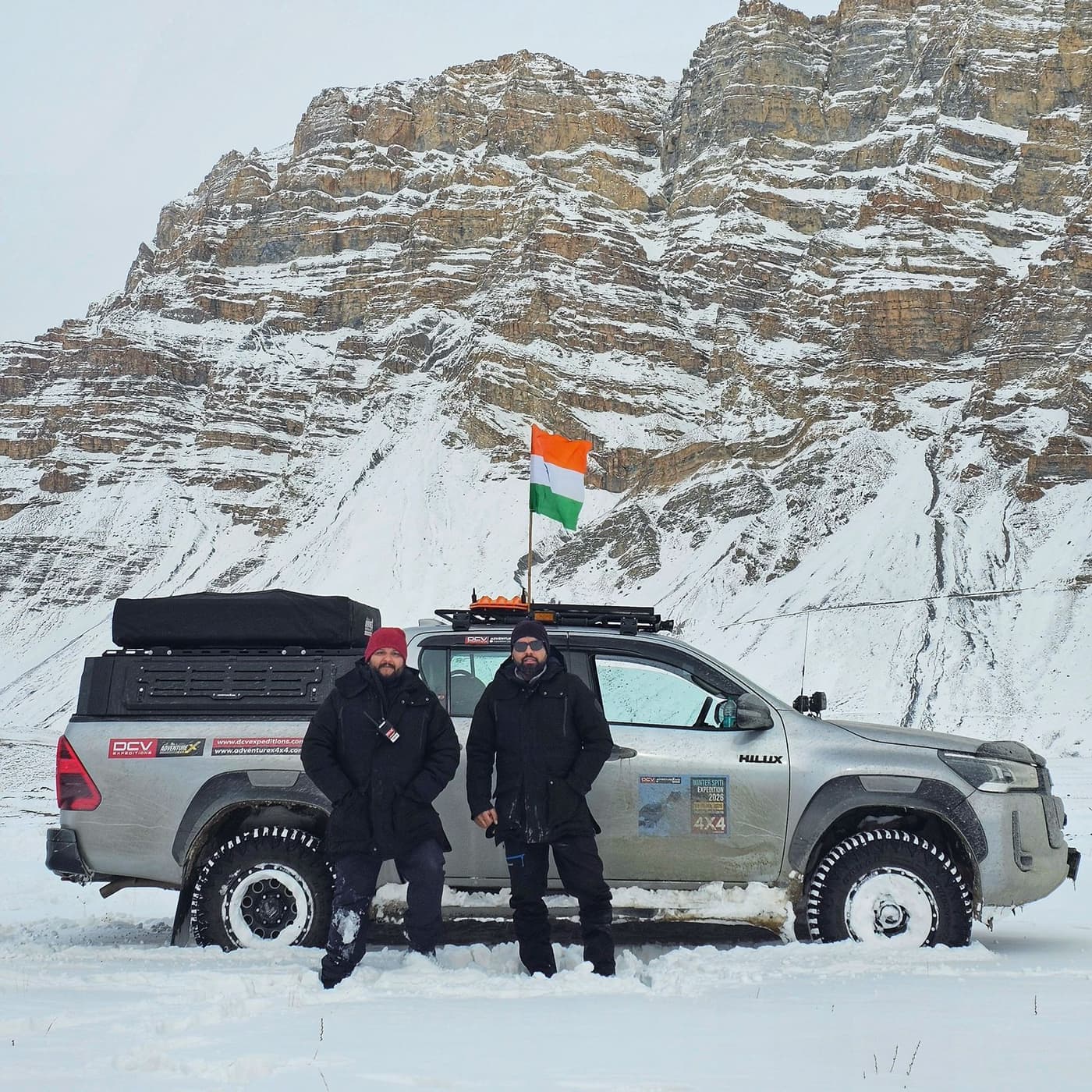 Dinesh Chahal and Rahul Soni, founders of AdventureX4x4, beside their Toyota Hilux on the Winter Spiti Expedition